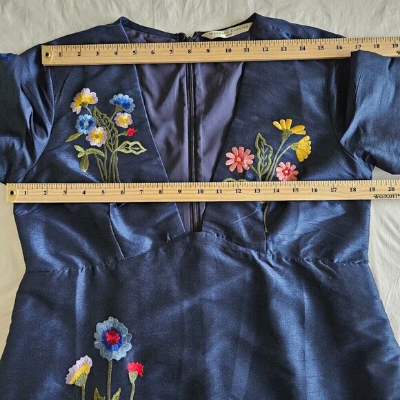 Wayward Fancies eShakti L Floral Embroidery Dupioni Midi Empire Indigo Dress - Picture 11 of 16
